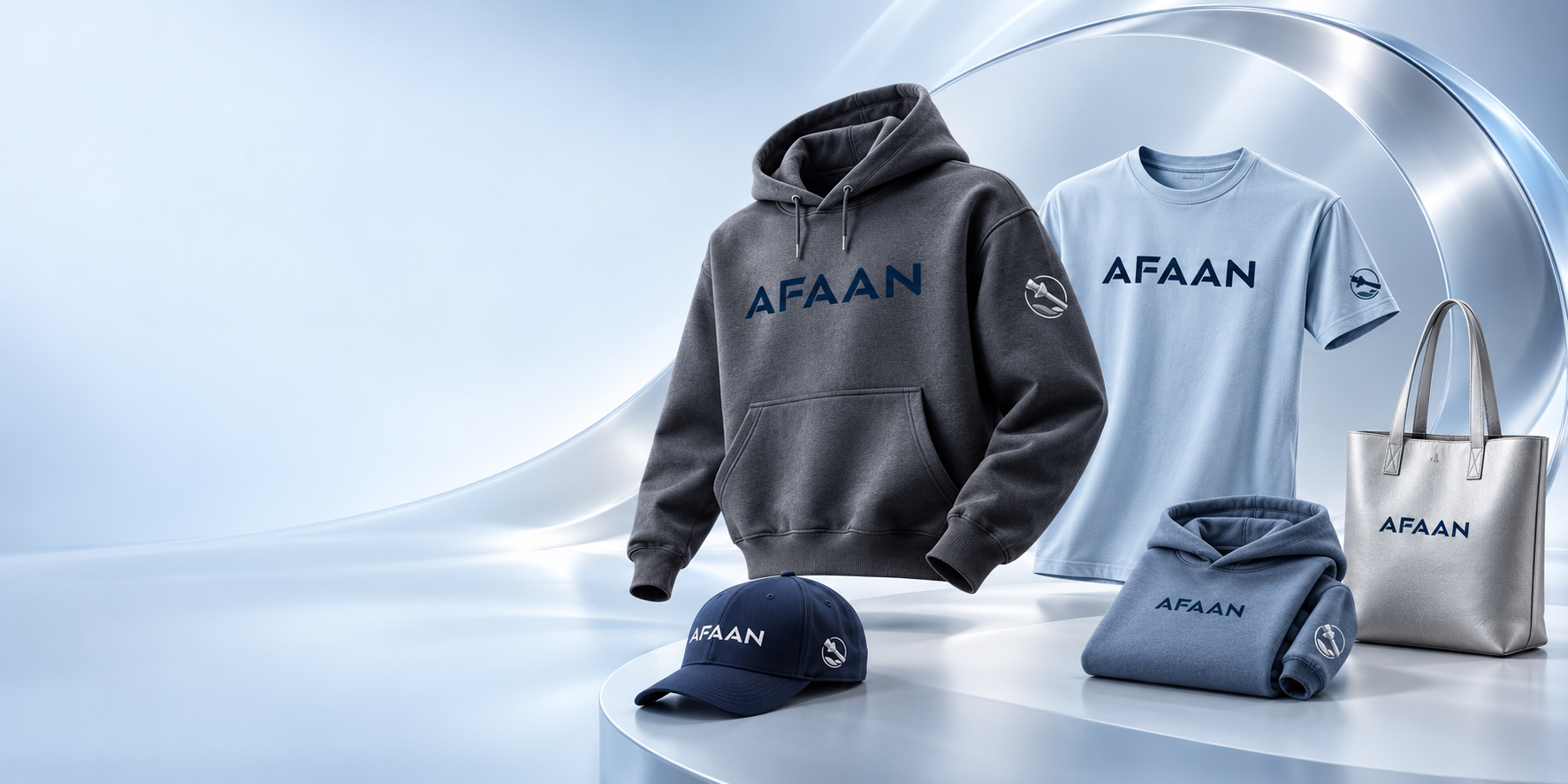 AFAAN apparel collection in graphite, cool blue, navy, and silver gray
